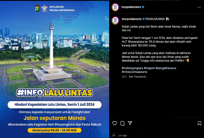 pengalihan-arus-lalu-lintas-di-monas-terkait-hut-bhayangkara,-awas-terjebak-macet!